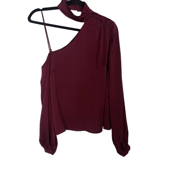 Intermix Size 2 Burgundy Red Silk Off The Shoulder Long Sleeve Blouse Mock Neck - Picture 1 of 13